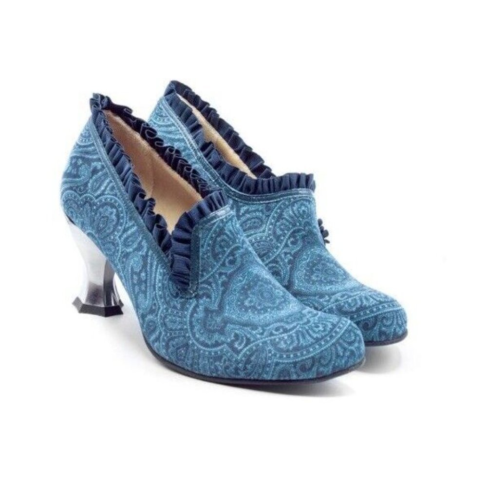 John Fluevog Blue Baroque Bernini Rounded Toe Pump With Ruffles New W/O Box 9.5